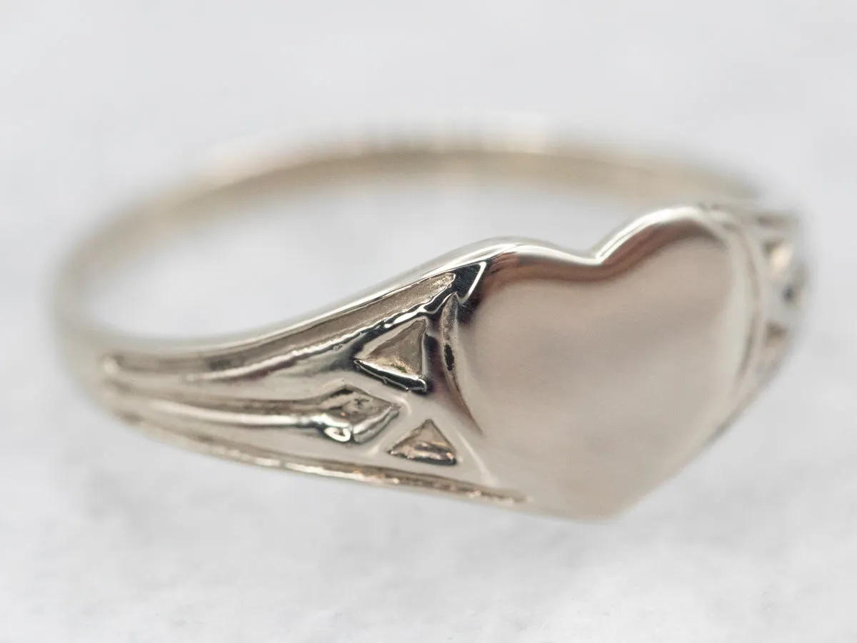 14K White Gold Vintage Heart Top Baby Signet Ring