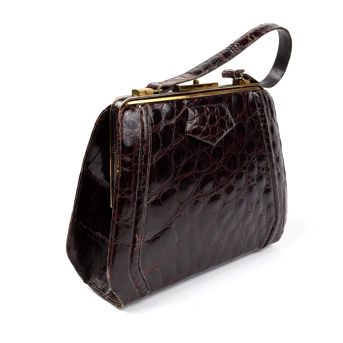 1960s Chocolate Brown Leather Handbag w/ Crocodile Embossing