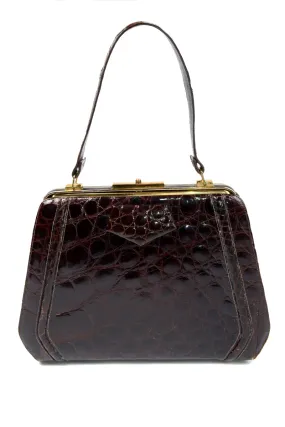 1960s Chocolate Brown Leather Handbag w/ Crocodile Embossing