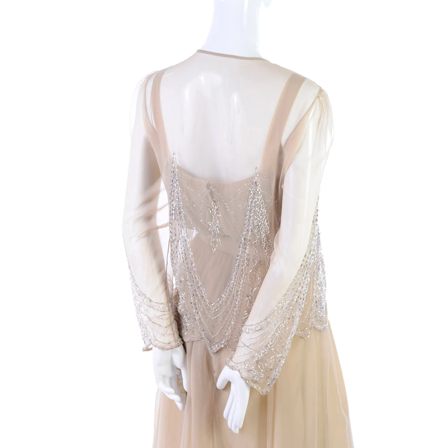 1970s Jack Bryan 1920s Style Beaded Sand Dress With Sheer Chiffon Jacket