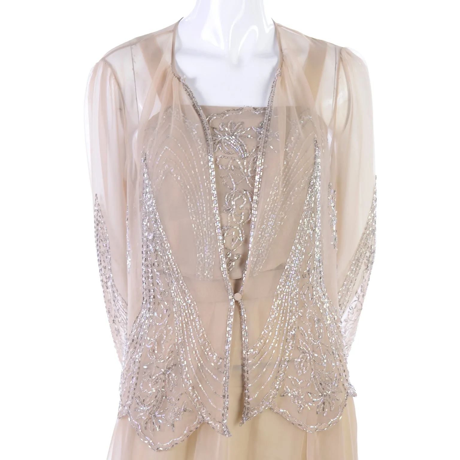 1970s Jack Bryan 1920s Style Beaded Sand Dress With Sheer Chiffon Jacket