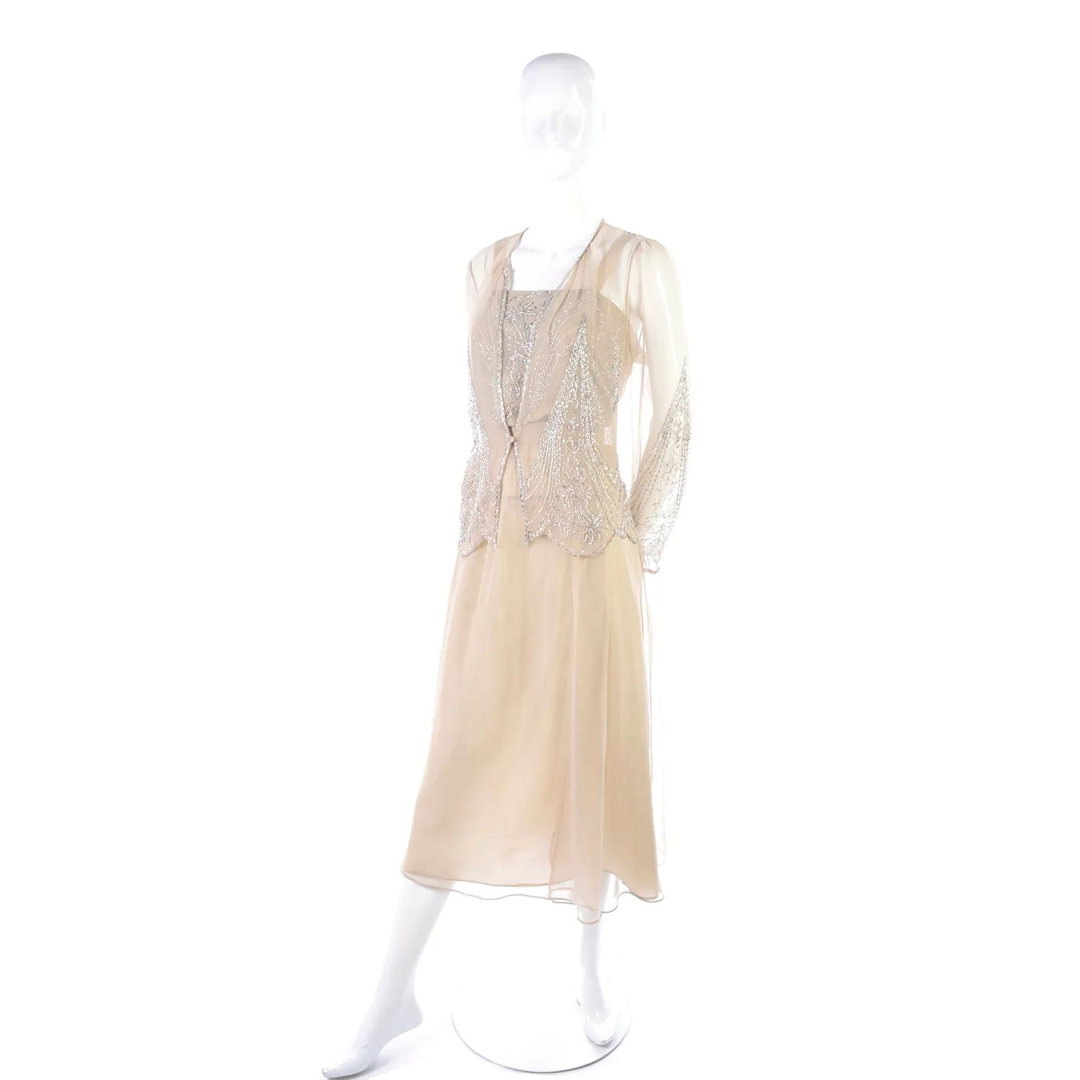 1970s Jack Bryan 1920s Style Beaded Sand Dress With Sheer Chiffon Jacket