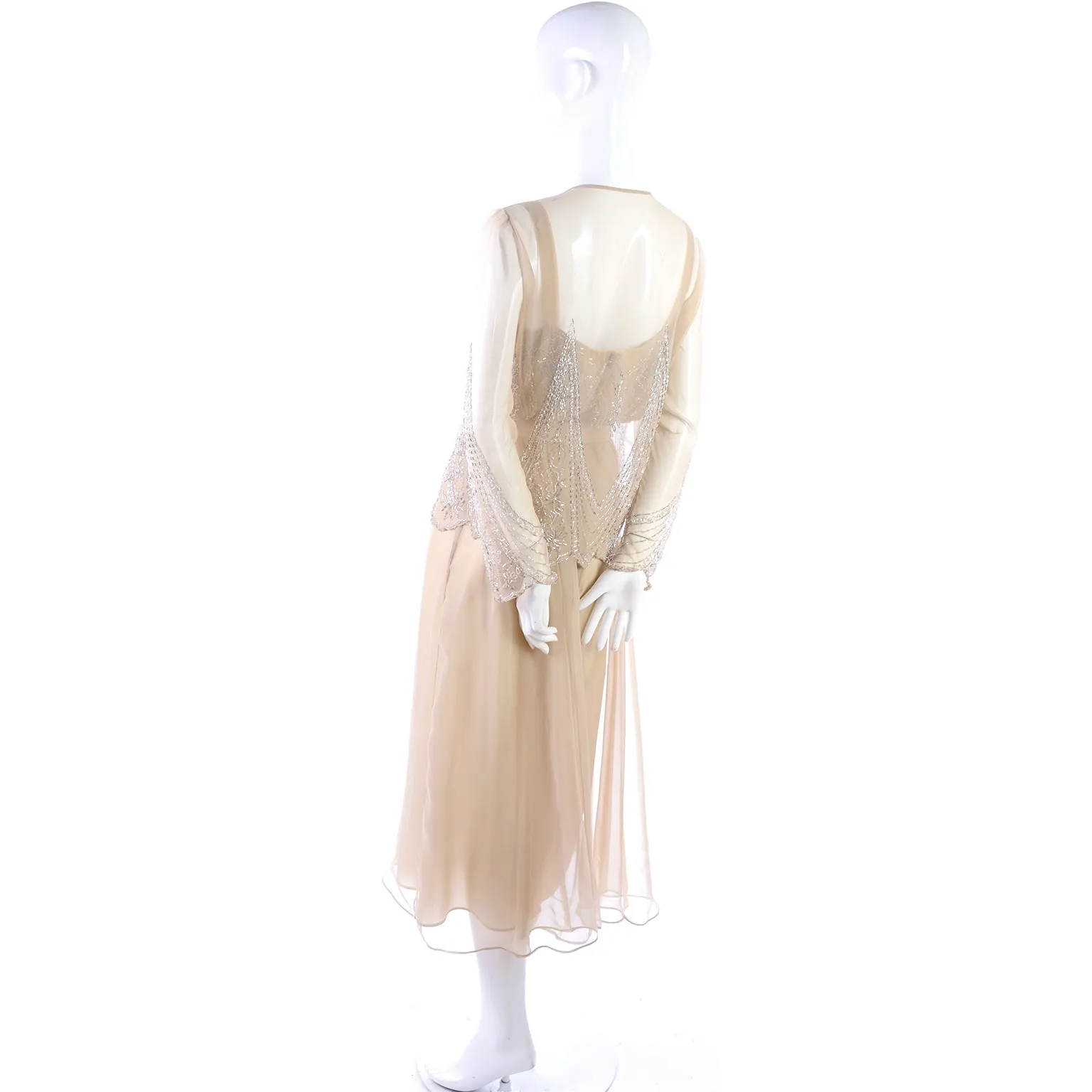 1970s Jack Bryan 1920s Style Beaded Sand Dress With Sheer Chiffon Jacket