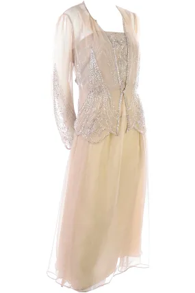 1970s Jack Bryan 1920s Style Beaded Sand Dress With Sheer Chiffon Jacket