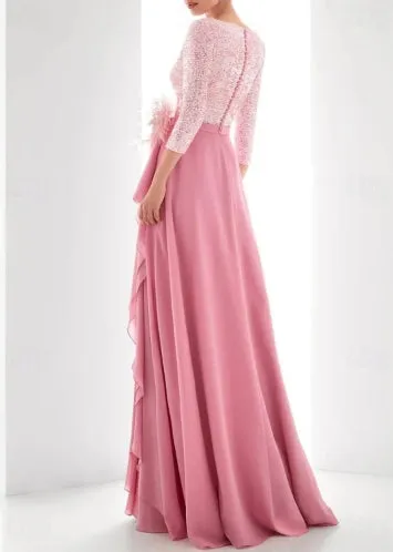 A-Line Evening Gown Asymmetrical Long Sleeve High Neck Chiffon with Feather Pearls Sequin