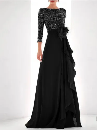 A-Line Evening Gown Asymmetrical Long Sleeve High Neck Chiffon with Feather Pearls Sequin