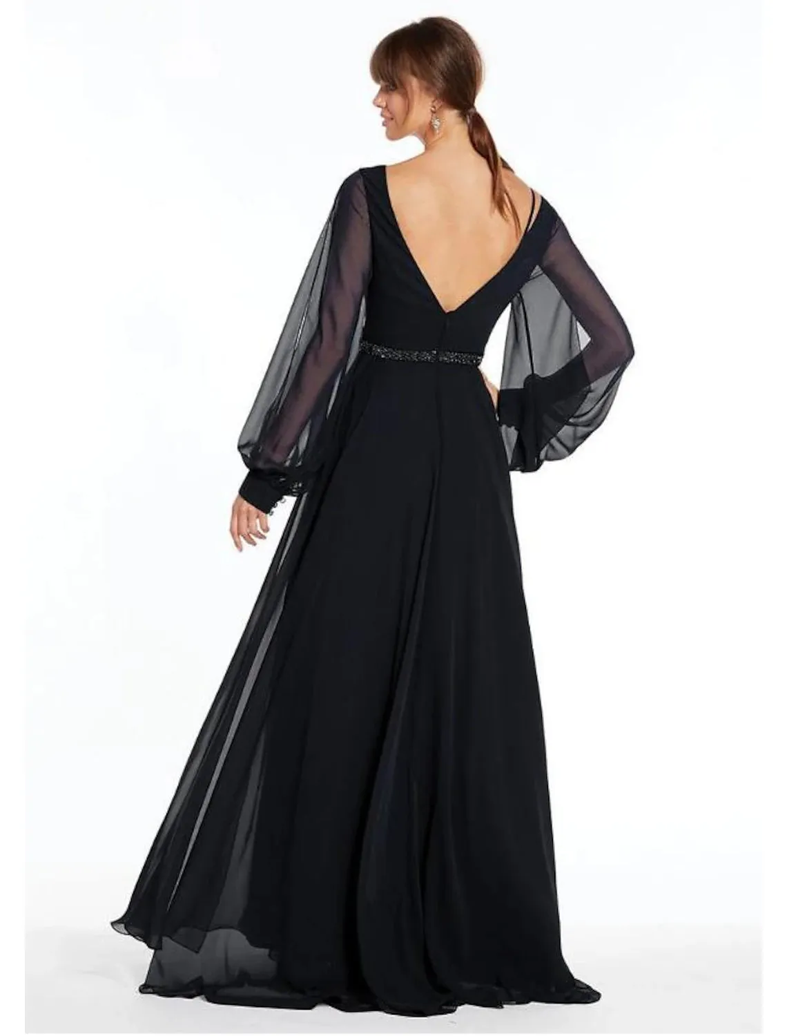 A-Line Evening Gown Empire Dress Holiday Floor Length Long Sleeve V Neck Chiffon V Back with Beading