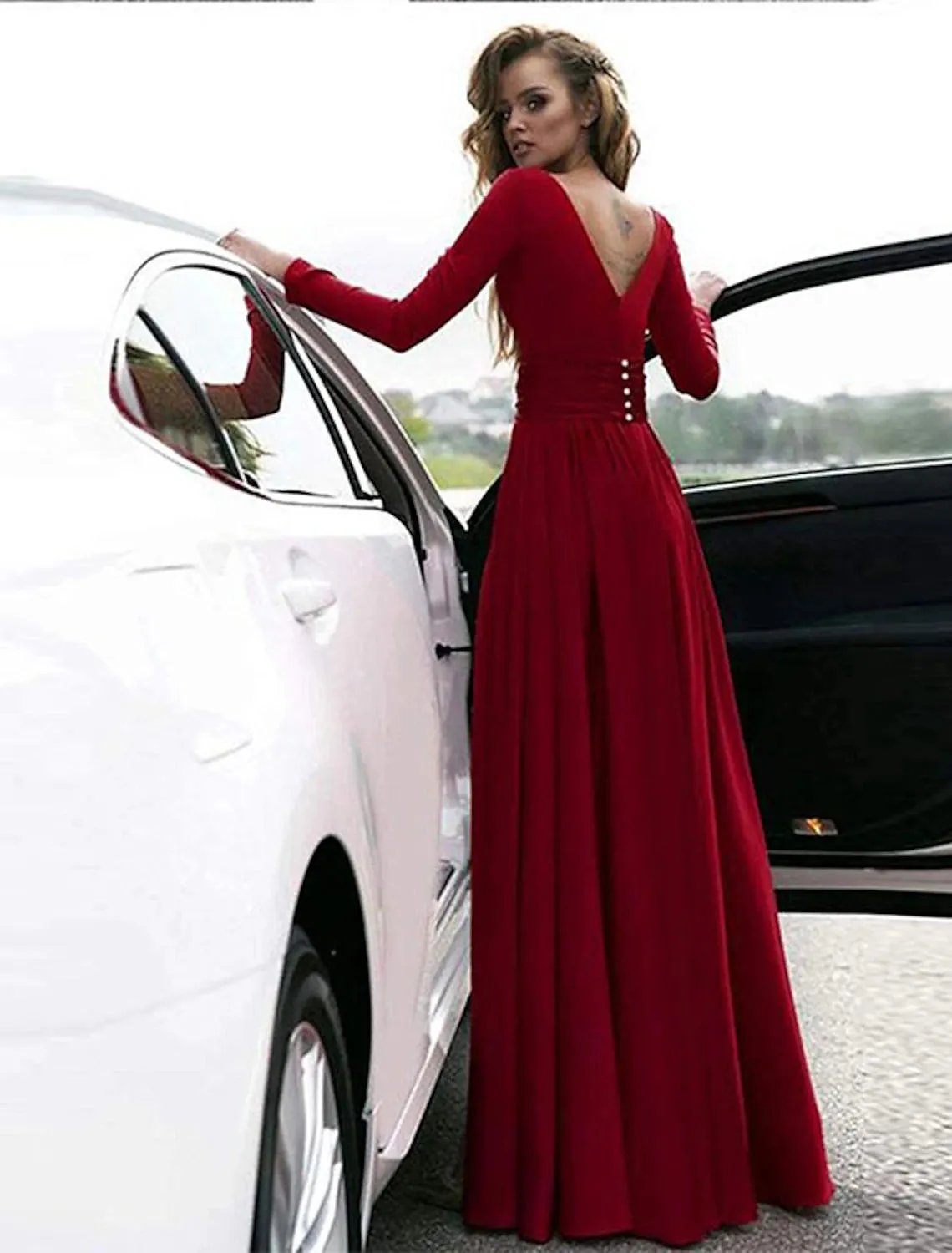 A-Line Evening Gown Empire Dress Holiday Floor Length Long Sleeve V Neck Chiffon V Back with Slit Pure Color