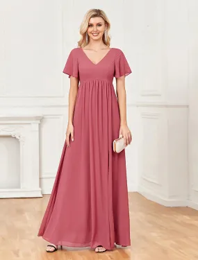 A-Line Evening Gown Empire Dress Party Wear Wedding Party Floor Length Short Sleeve V Neck Chiffon V Back with Slit