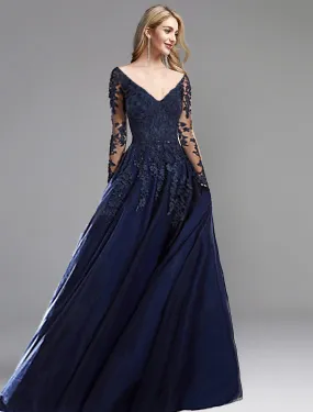 A-Line Evening Gown Open Back Dress Formal Evening Long Sleeve Plunging Neck Chiffon with Appliques