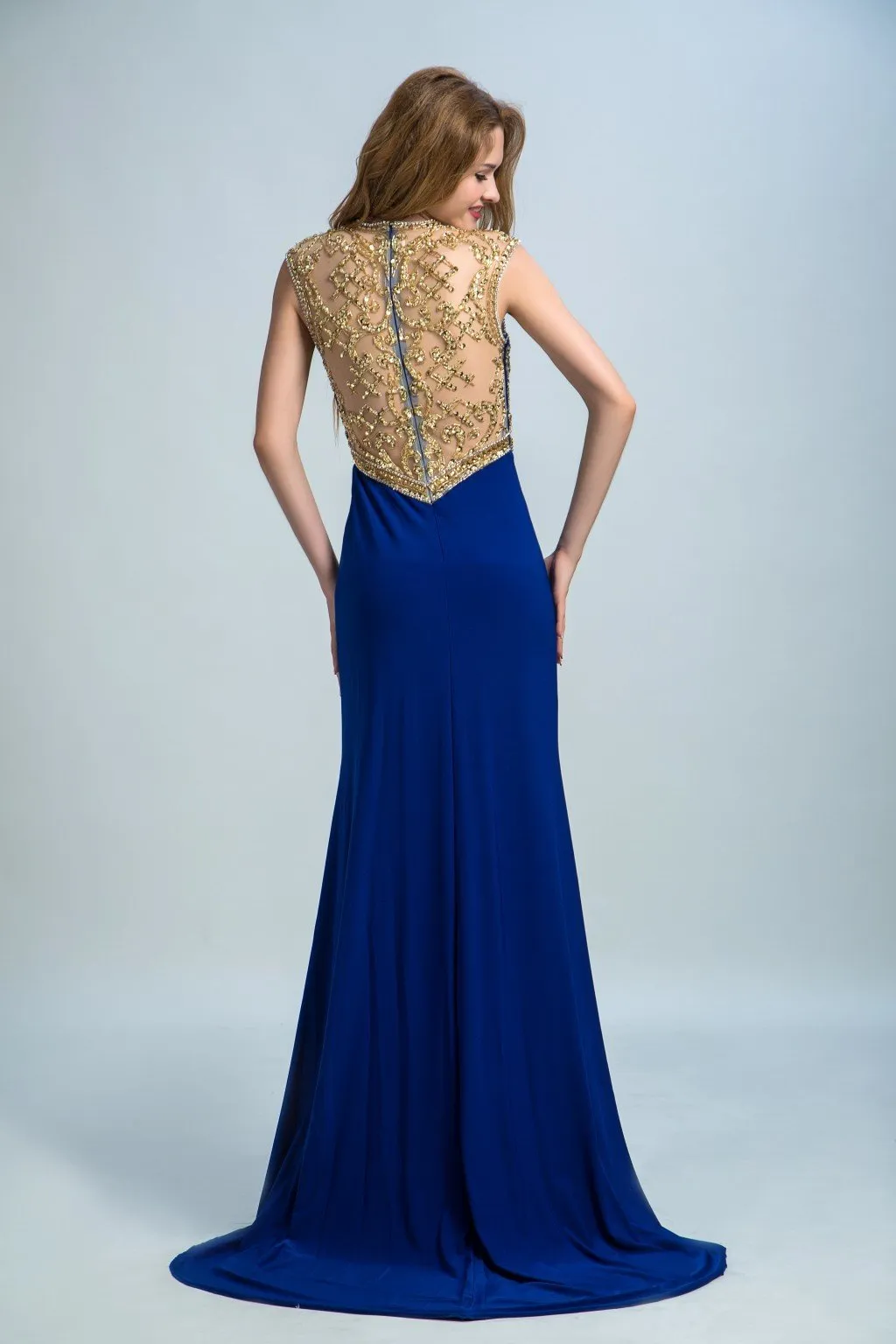 A-line Scoop-Neck Chiffon Rhine Stone  Beaded Royal Blue Evening Dresses 2927