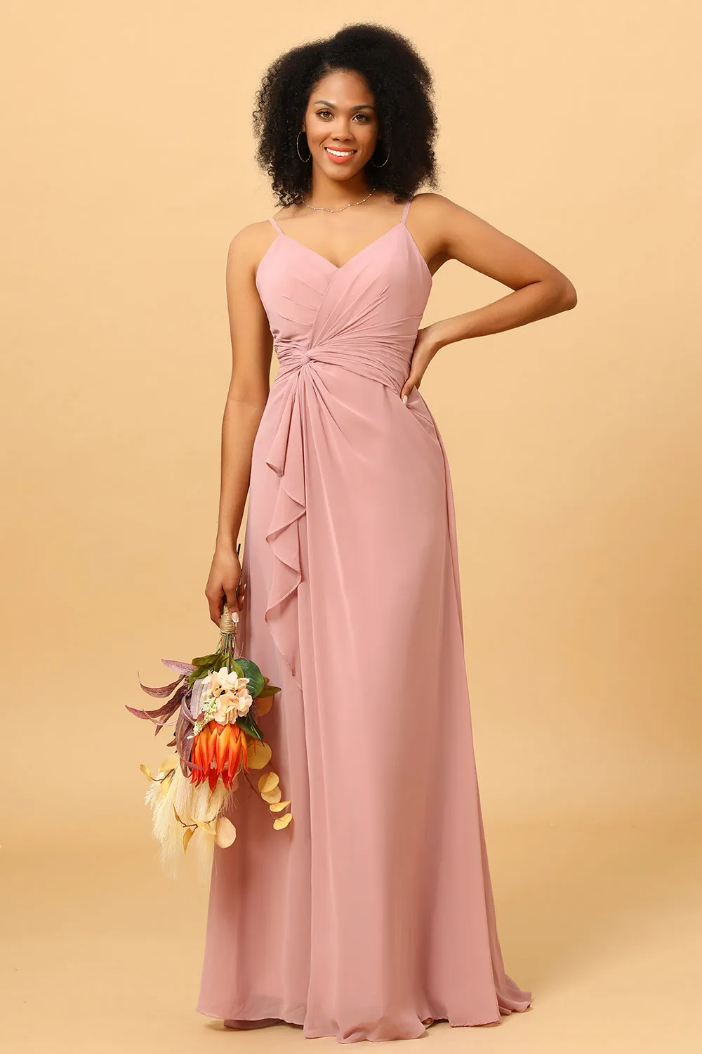 A Line Spaghetti Straps Blush Long Bridesmaid Dress with Split Front