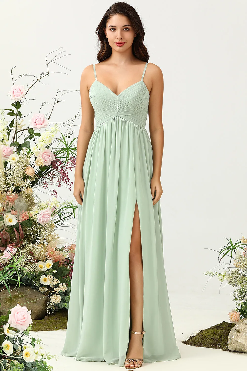 A Line Spaghetti Straps Eucalyptus Long Bridesmaid Dress with Split Front