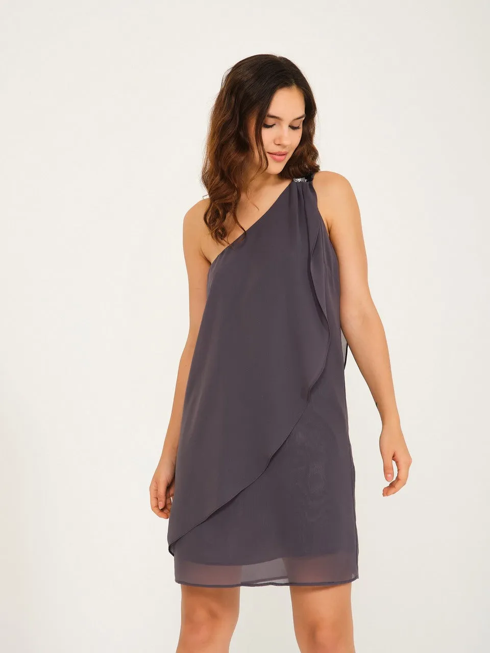 Anthracite single shoulder Sequin Stone Detailed Chiffon Dress