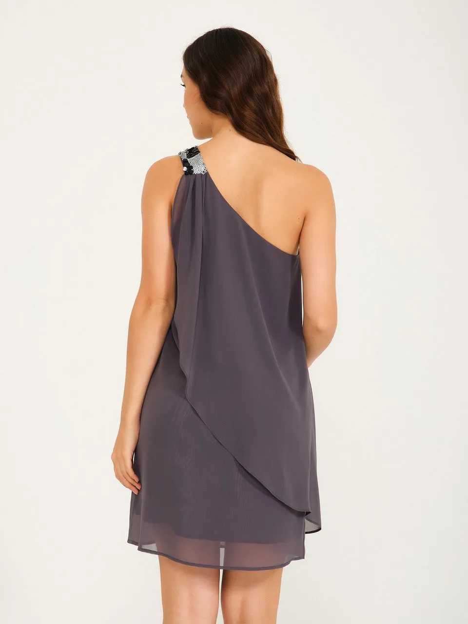 Anthracite single shoulder Sequin Stone Detailed Chiffon Dress