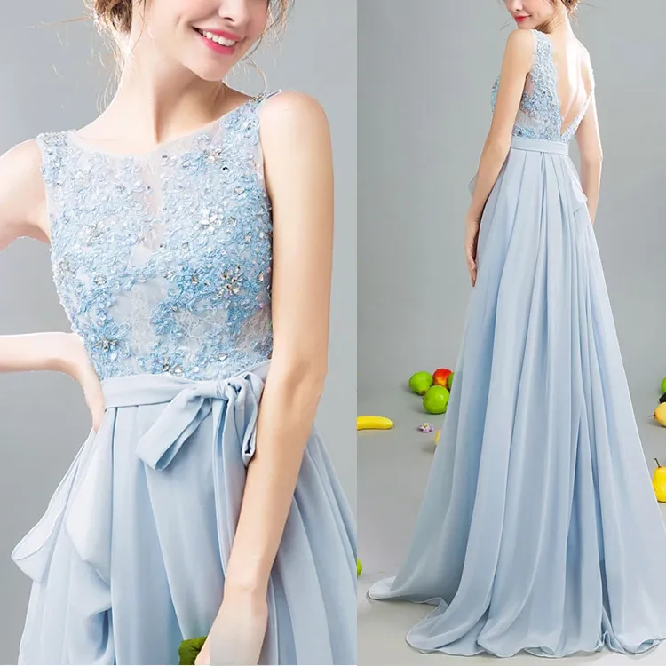 Bateau Chiffon Prom Dresses A-line Evening Dresses With Beads PD430