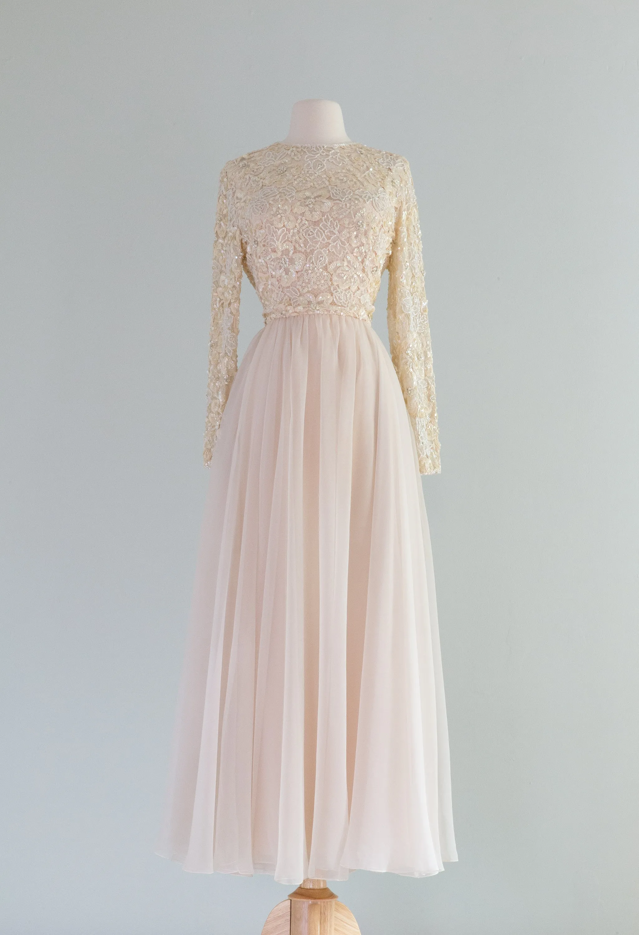 Beautiful Blushing Chiffon Evening Gown With Beaded Bodice / Waist 30