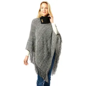 Button Collar Pointed Knitted Foldover Neck Poncho