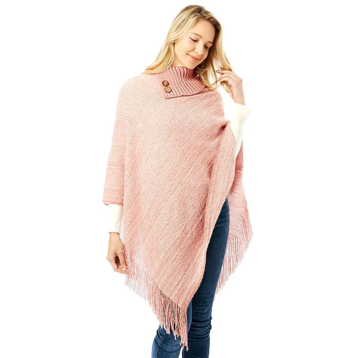 Button Collar Pointed Knitted Foldover Neck Poncho