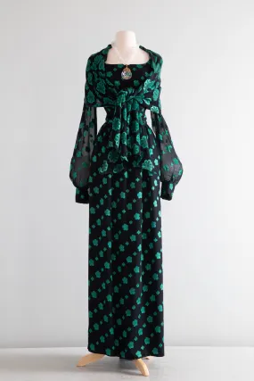 Chic Elegance 1970's Black & Green Chiffon Evening Gown With Wrap / Large