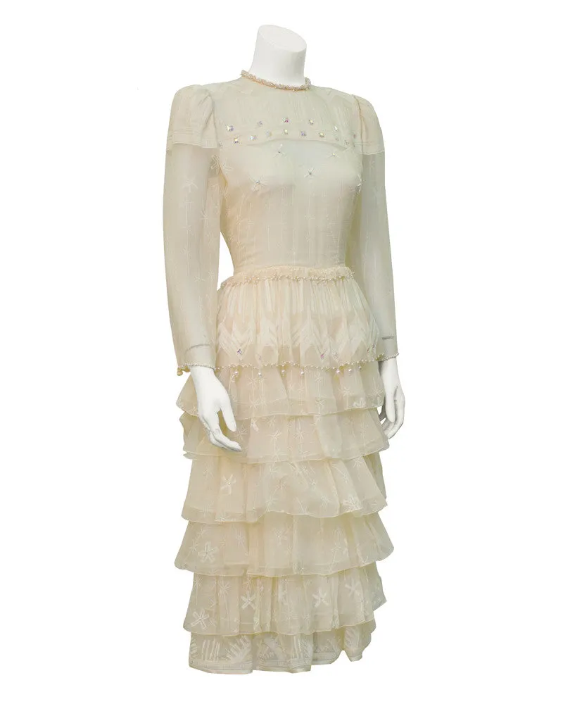 Cream Printed Tiered Dress