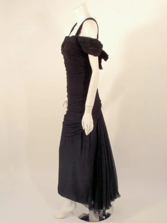 ELEANORA GARNETT Black Shirred Chiffon Evening Gown