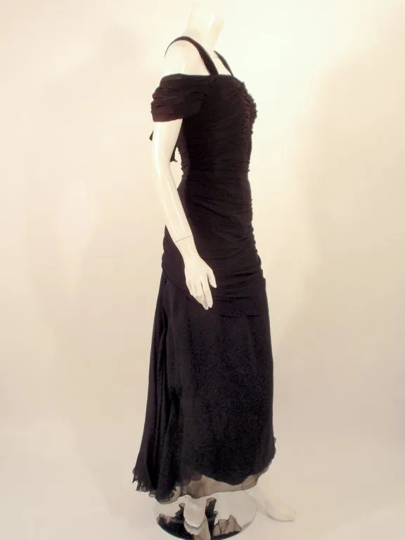 ELEANORA GARNETT Black Shirred Chiffon Evening Gown