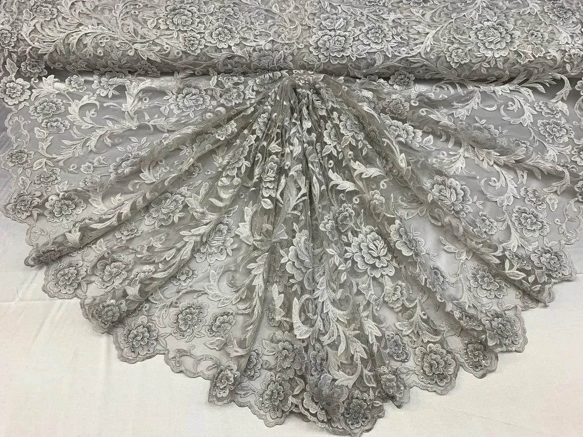 Floral White Lace Fabric | Embroidery Beaded lace