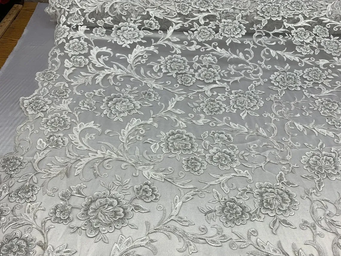 Floral White Lace Fabric | Embroidery Beaded lace