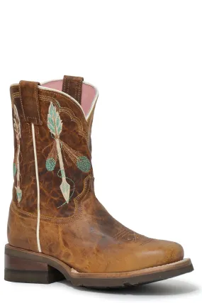 Girls Roper Waxy Brown Square Toe Boot w/ Arrow Embroidery & Rubber Sole