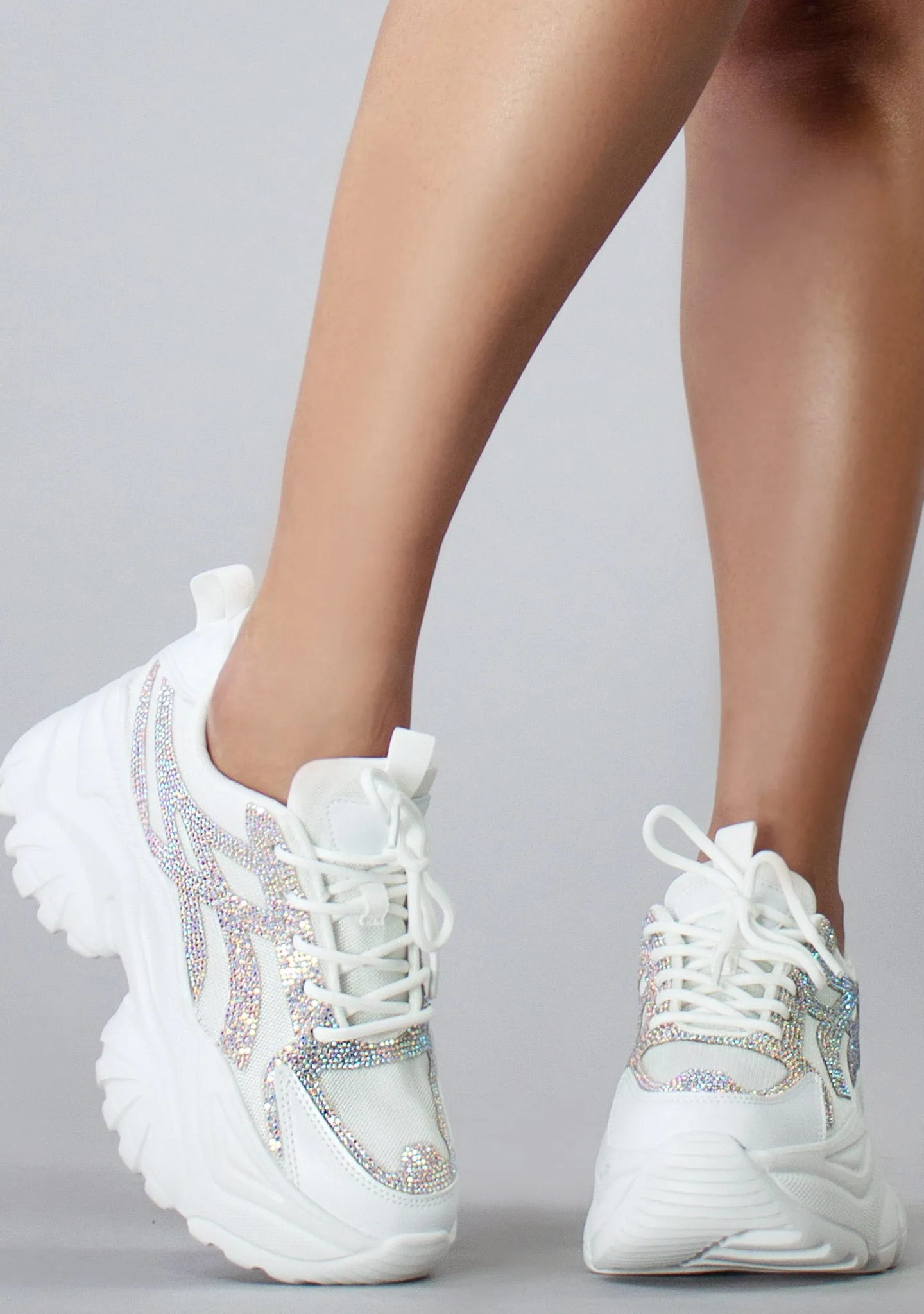 HANNA 02 Speed Runner Rhinestone White Platform Sneakers