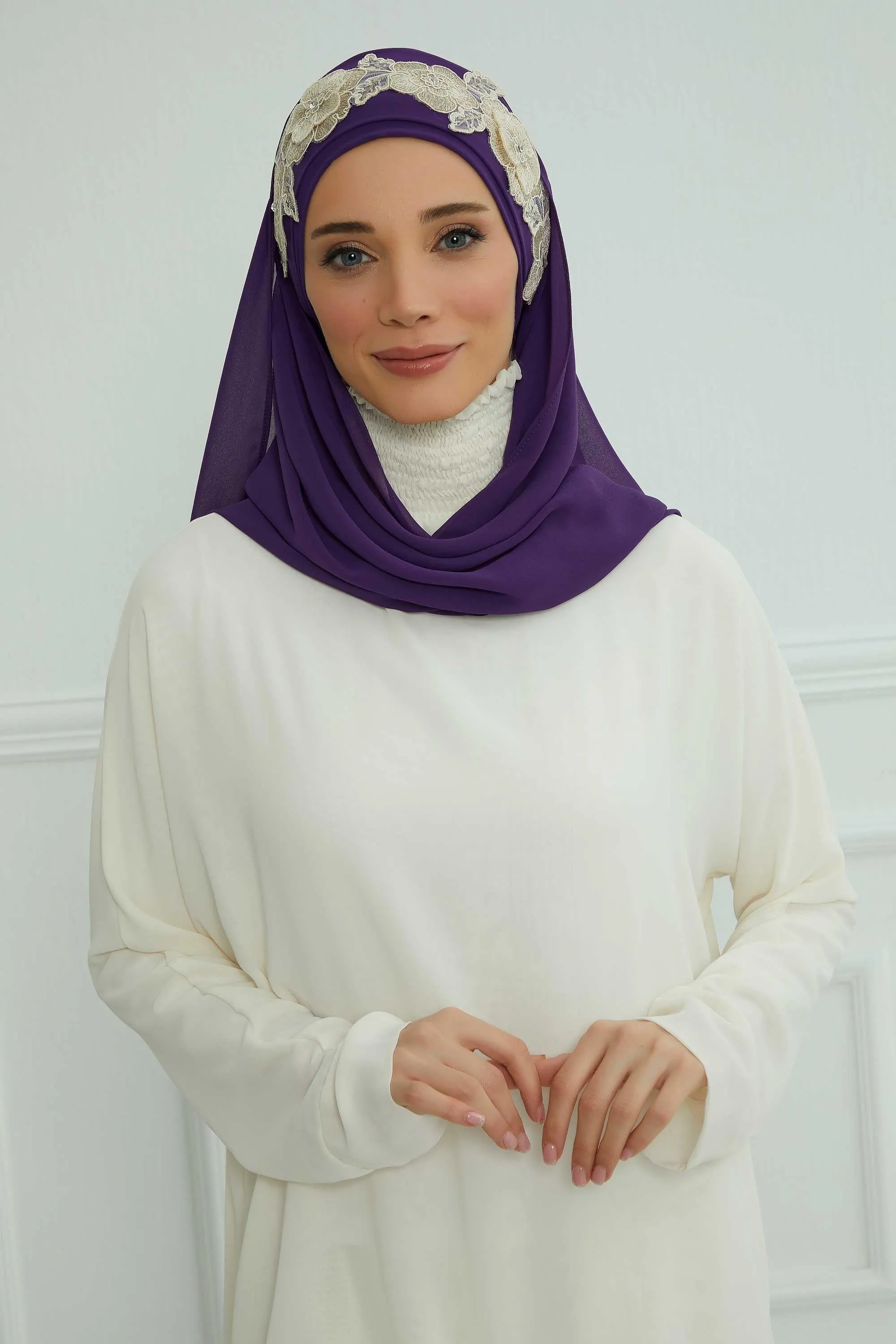 Instant Chiffon Shawl with Elegant Flower Accessories Evening Hijab Ready To Wear Modesty Turban Cap,CPS-101