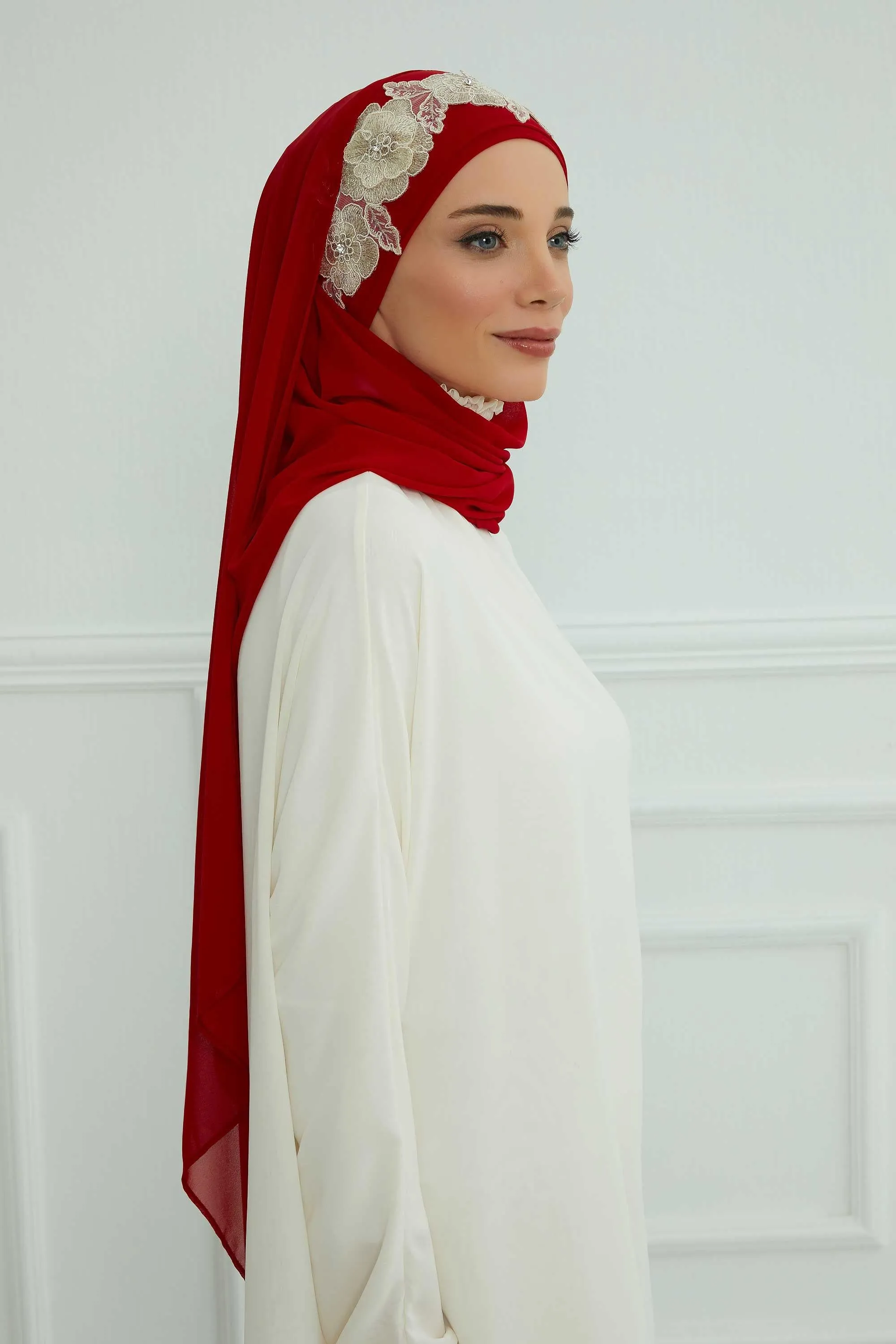 Instant Chiffon Shawl with Elegant Flower Accessories Evening Hijab Ready To Wear Modesty Turban Cap,CPS-101