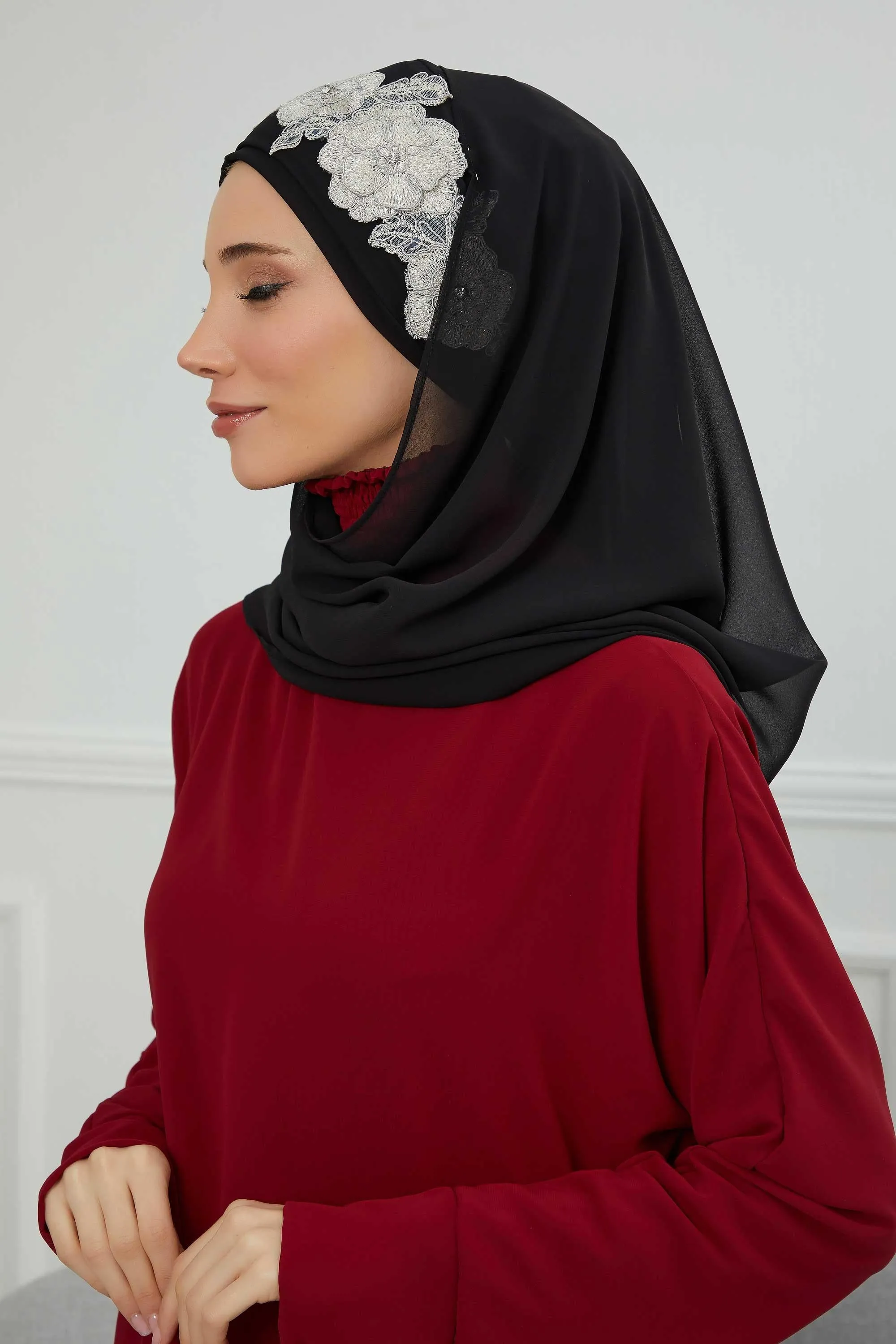 Instant Chiffon Shawl with Elegant Flower Accessories Evening Hijab Ready To Wear Modesty Turban Cap,CPS-101