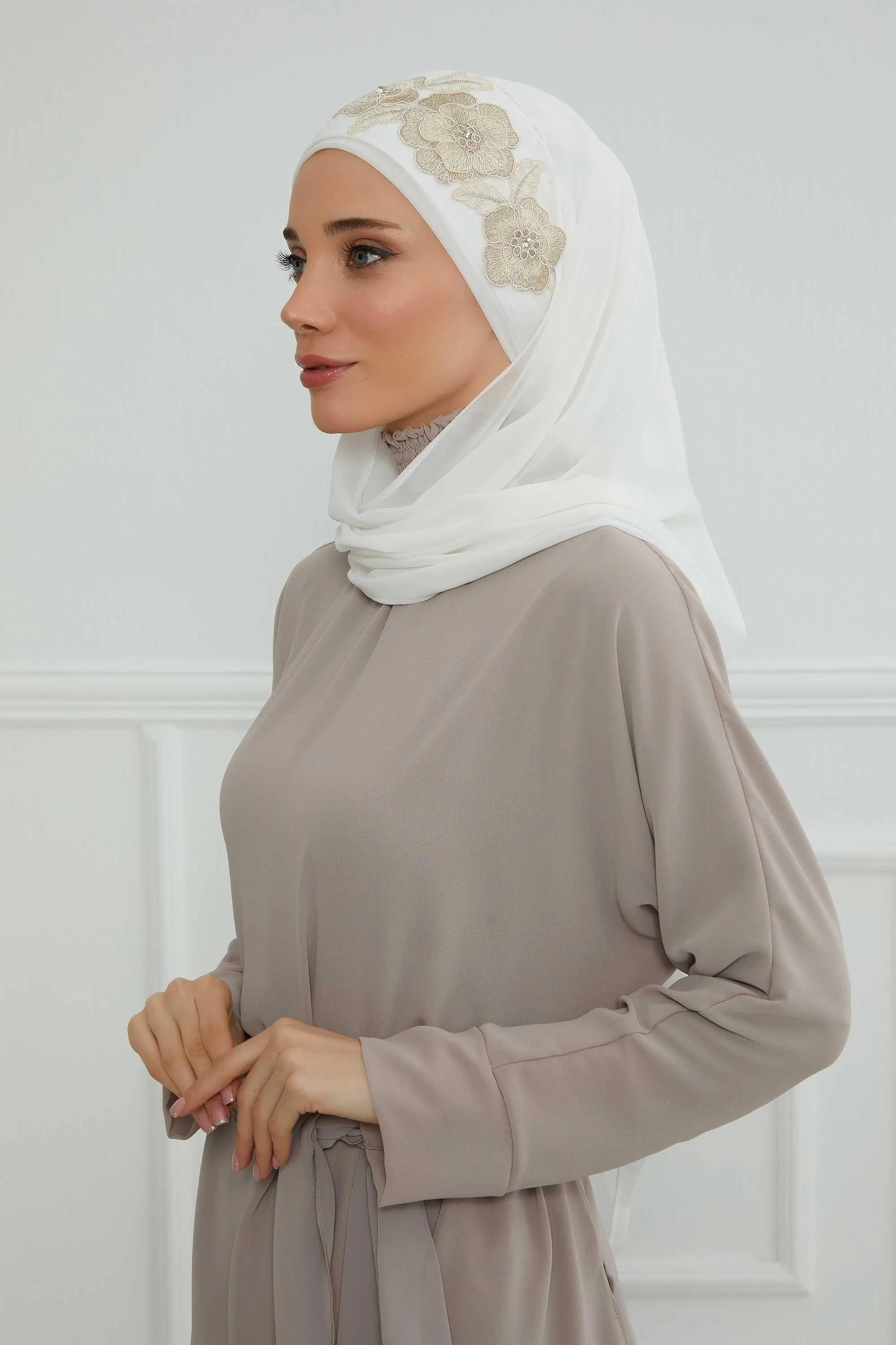 Instant Chiffon Shawl with Elegant Flower Accessories Evening Hijab Ready To Wear Modesty Turban Cap,CPS-101