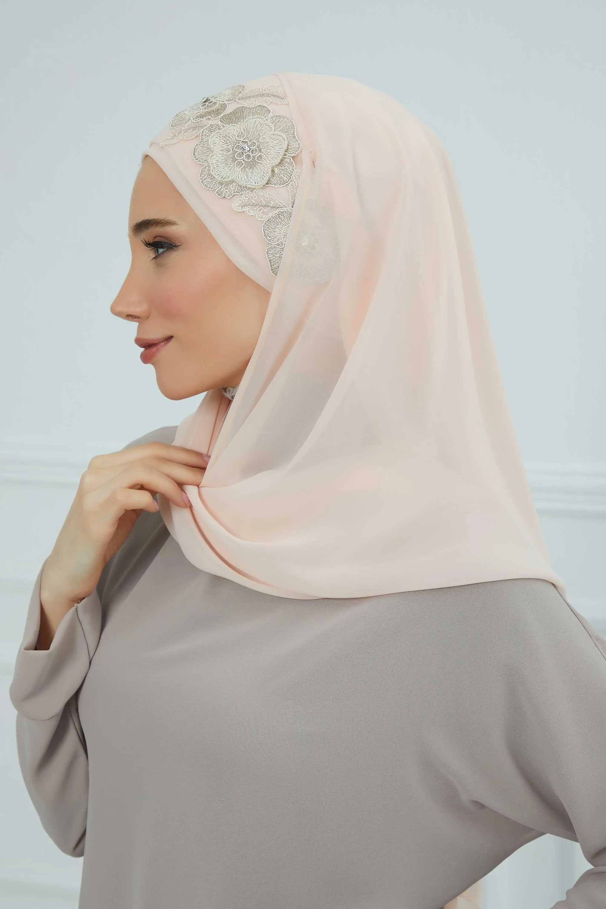 Instant Chiffon Shawl with Elegant Flower Accessories Evening Hijab Ready To Wear Modesty Turban Cap,CPS-101