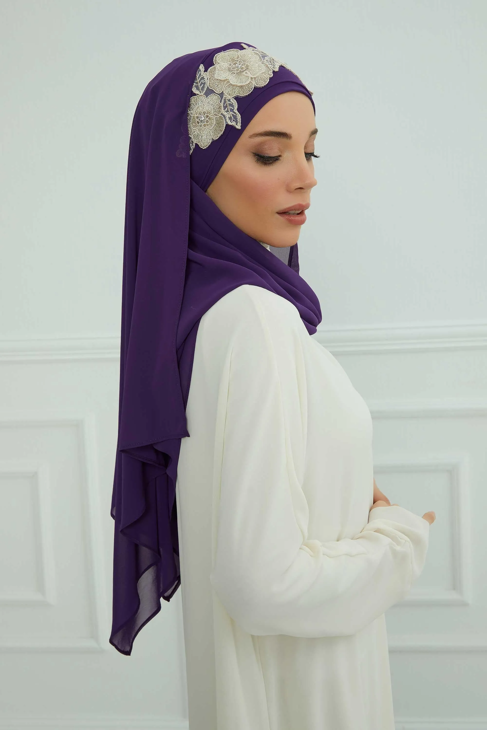 Instant Chiffon Shawl with Elegant Flower Accessories Evening Hijab Ready To Wear Modesty Turban Cap,CPS-101