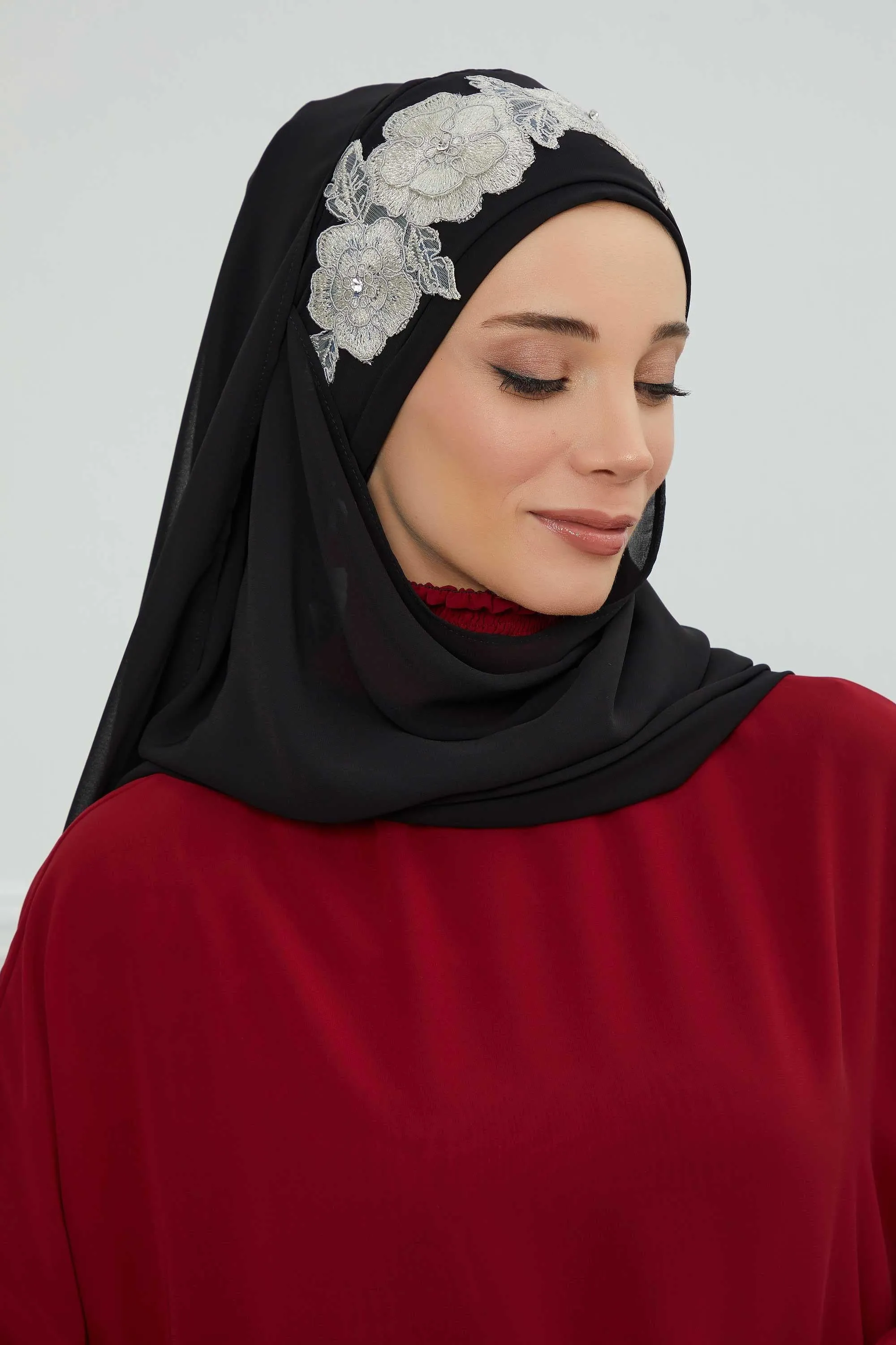 Instant Chiffon Shawl with Elegant Flower Accessories Evening Hijab Ready To Wear Modesty Turban Cap,CPS-101