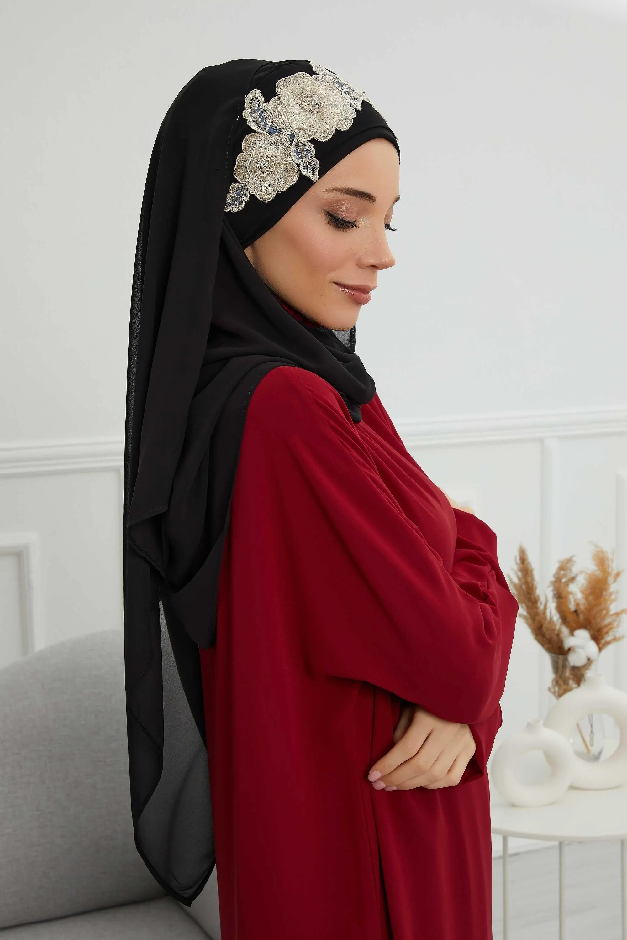 Instant Chiffon Shawl with Elegant Flower Accessories Evening Hijab Ready To Wear Modesty Turban Cap,CPS-101