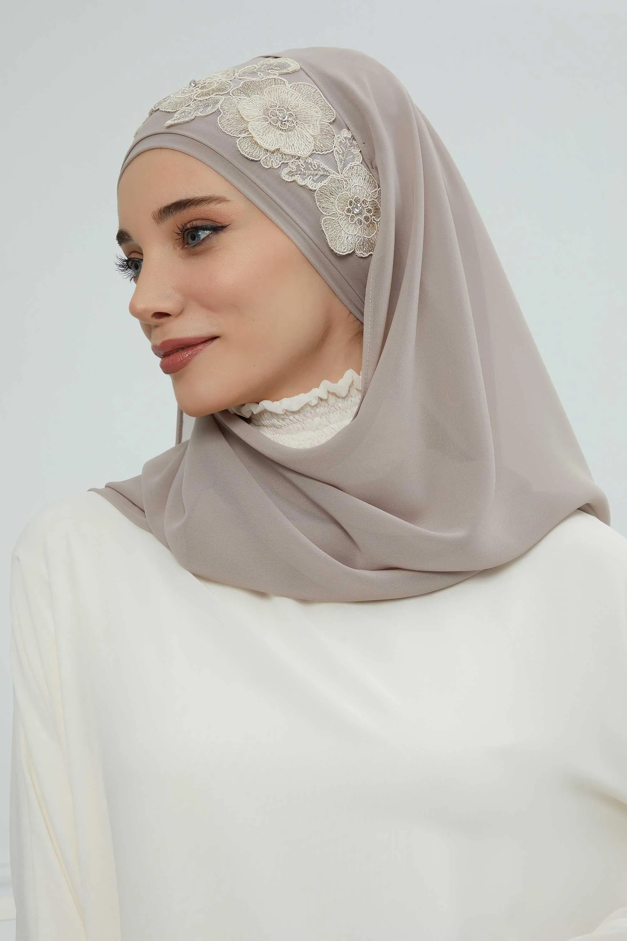 Instant Chiffon Shawl with Elegant Flower Accessories Evening Hijab Ready To Wear Modesty Turban Cap,CPS-101