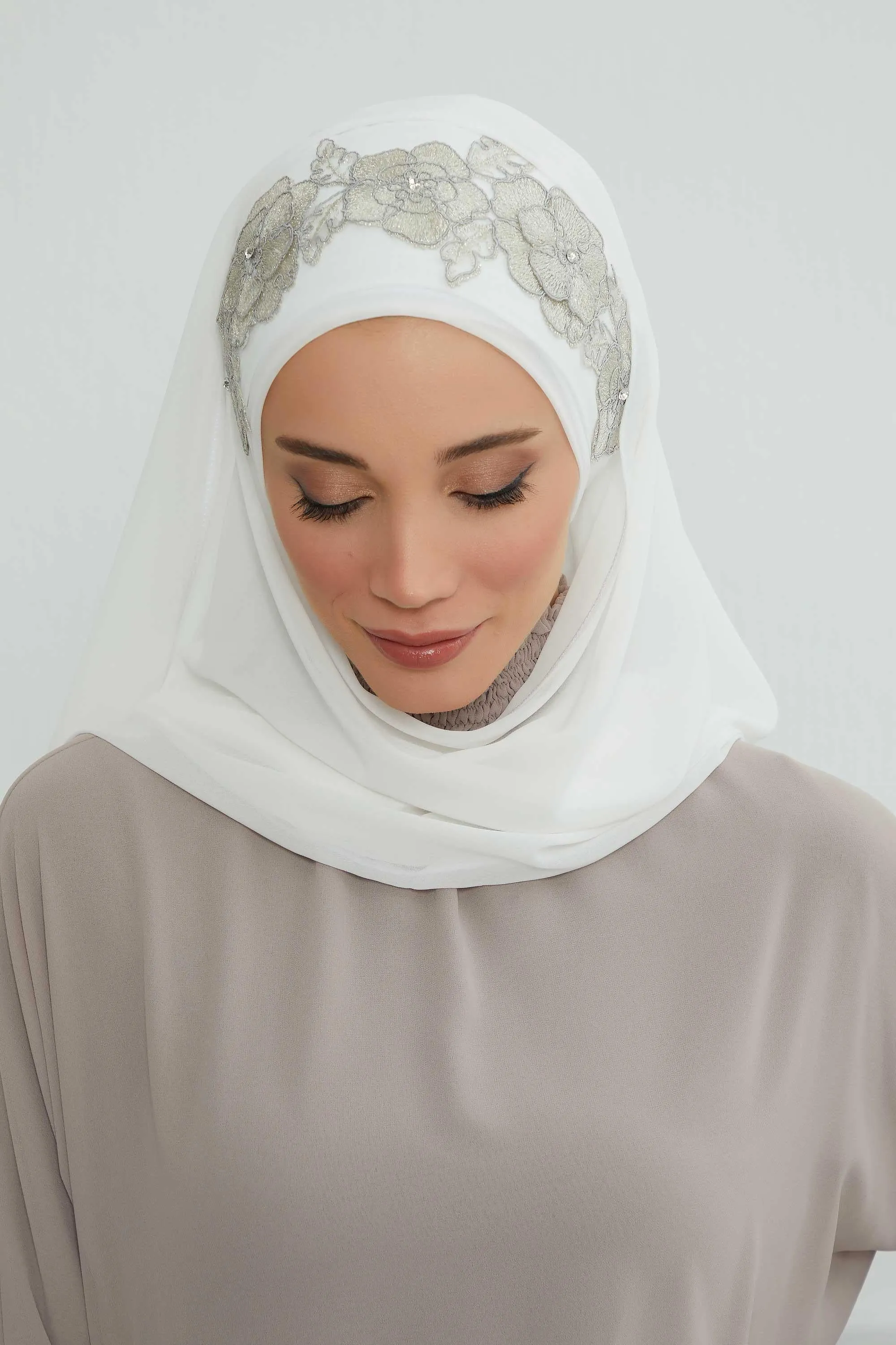 Instant Chiffon Shawl with Elegant Flower Accessories Evening Hijab Ready To Wear Modesty Turban Cap,CPS-101