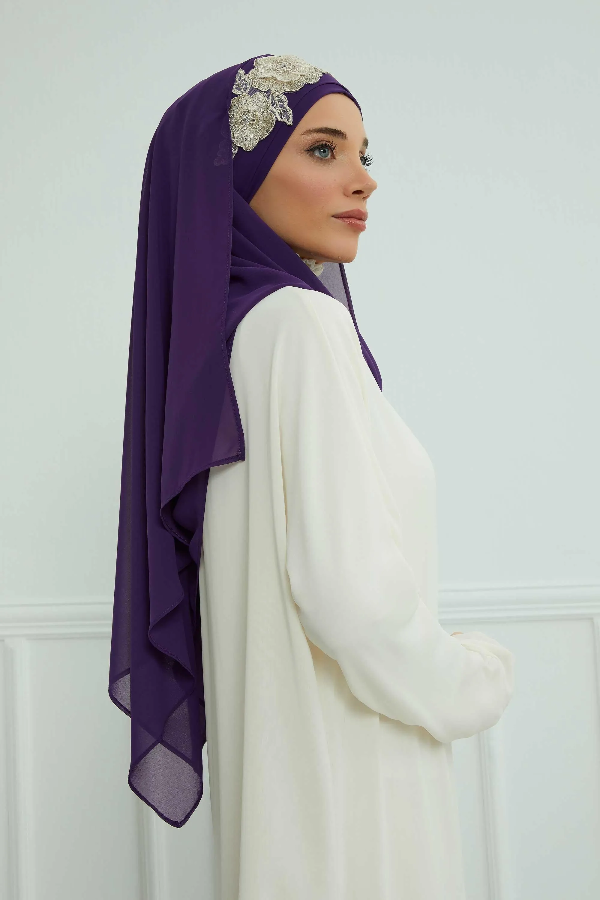 Instant Chiffon Shawl with Elegant Flower Accessories Evening Hijab Ready To Wear Modesty Turban Cap,CPS-101