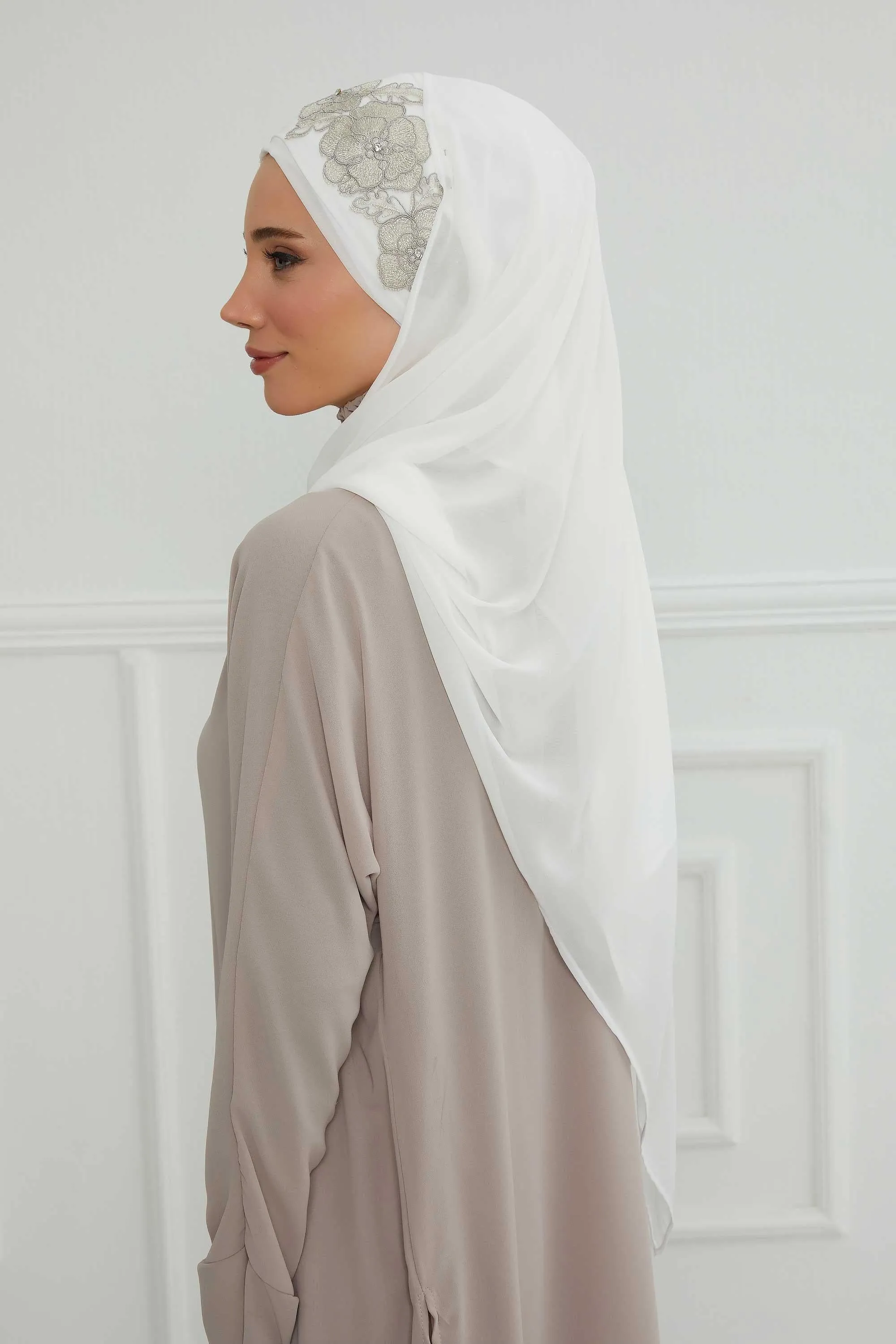 Instant Chiffon Shawl with Elegant Flower Accessories Evening Hijab Ready To Wear Modesty Turban Cap,CPS-101