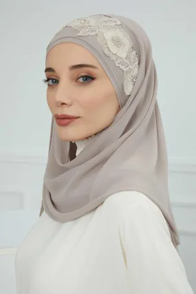 Instant Chiffon Shawl with Elegant Flower Accessories Evening Hijab Ready To Wear Modesty Turban Cap,CPS-101