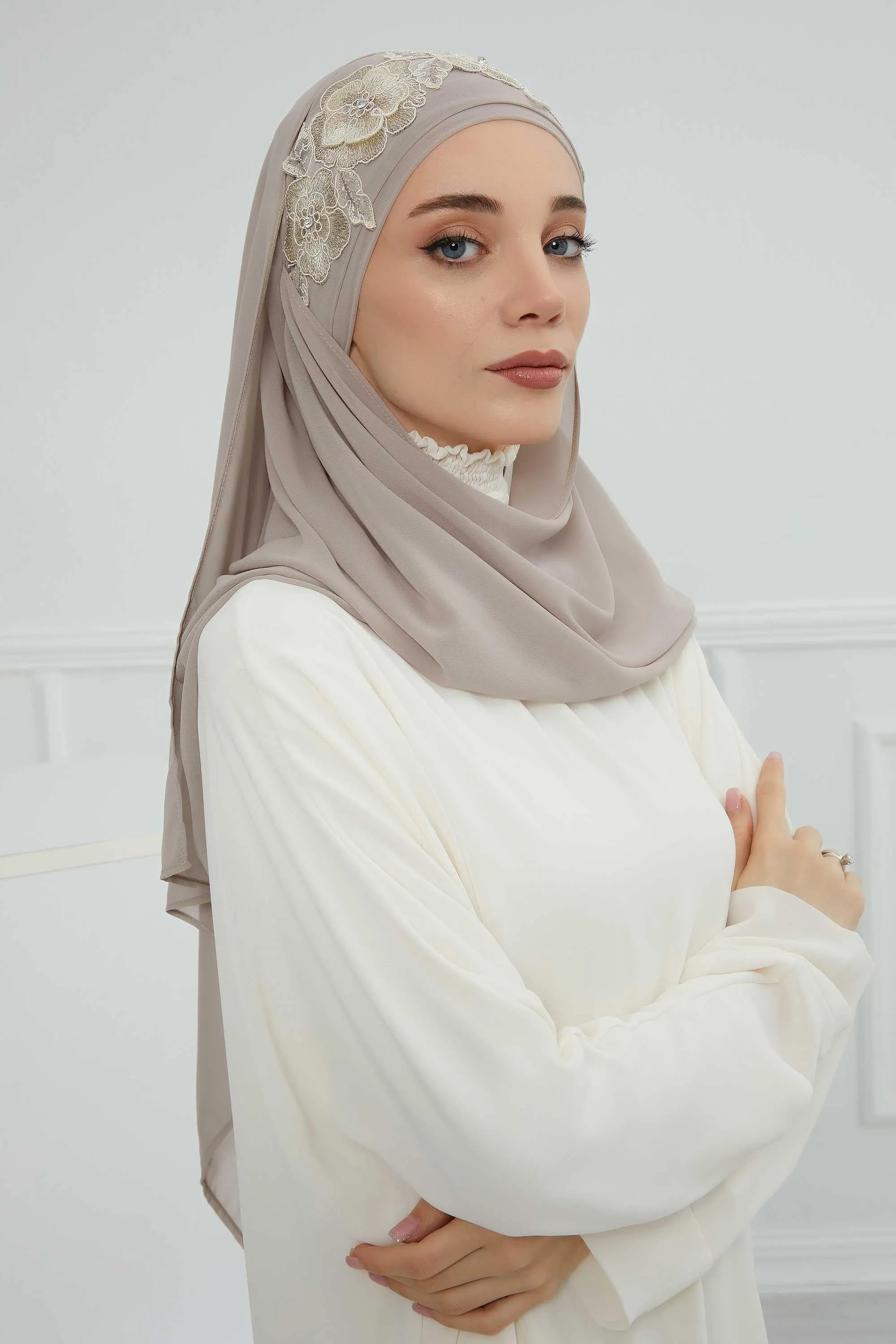 Instant Chiffon Shawl with Elegant Flower Accessories Evening Hijab Ready To Wear Modesty Turban Cap,CPS-101