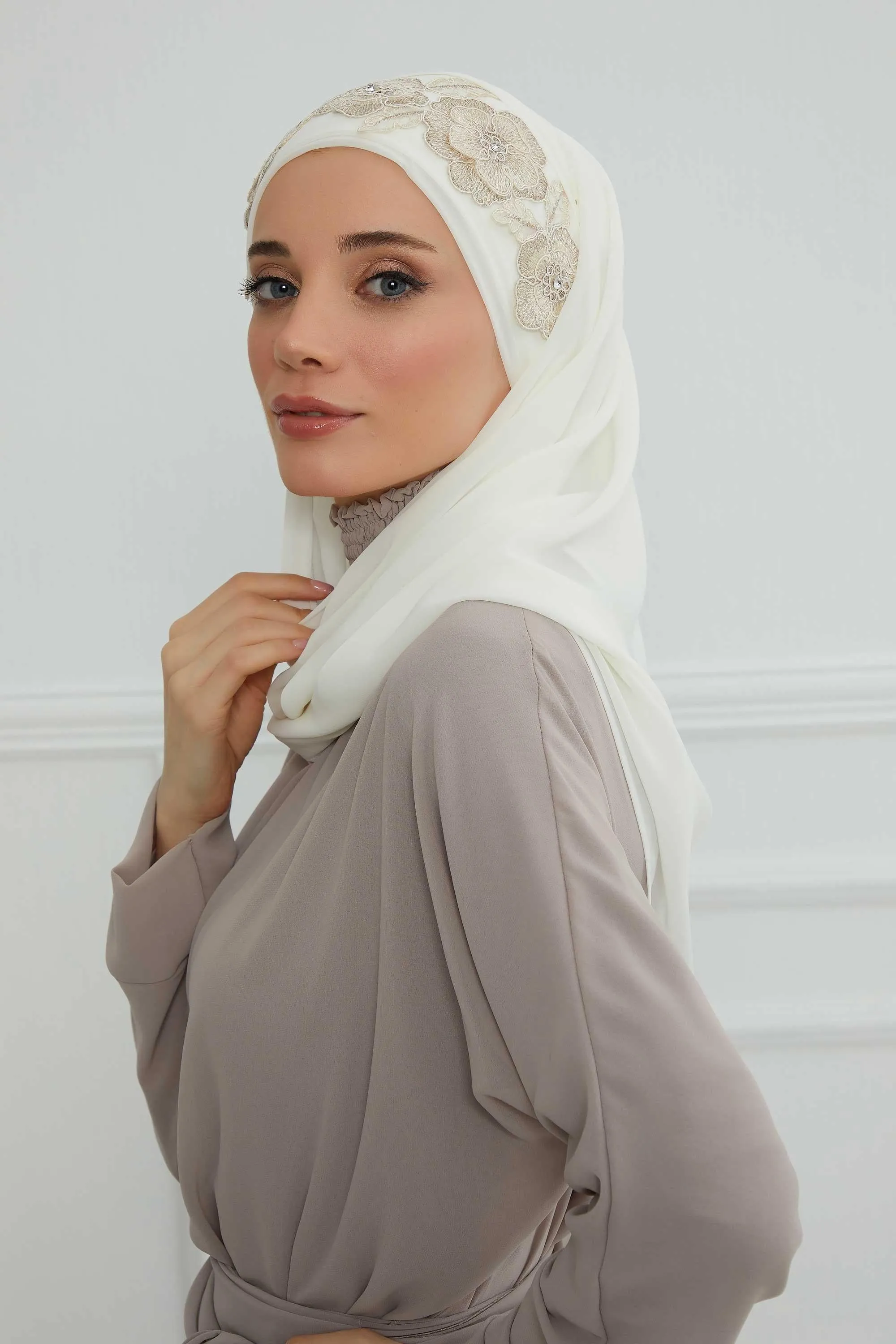 Instant Chiffon Shawl with Elegant Flower Accessories Evening Hijab Ready To Wear Modesty Turban Cap,CPS-101