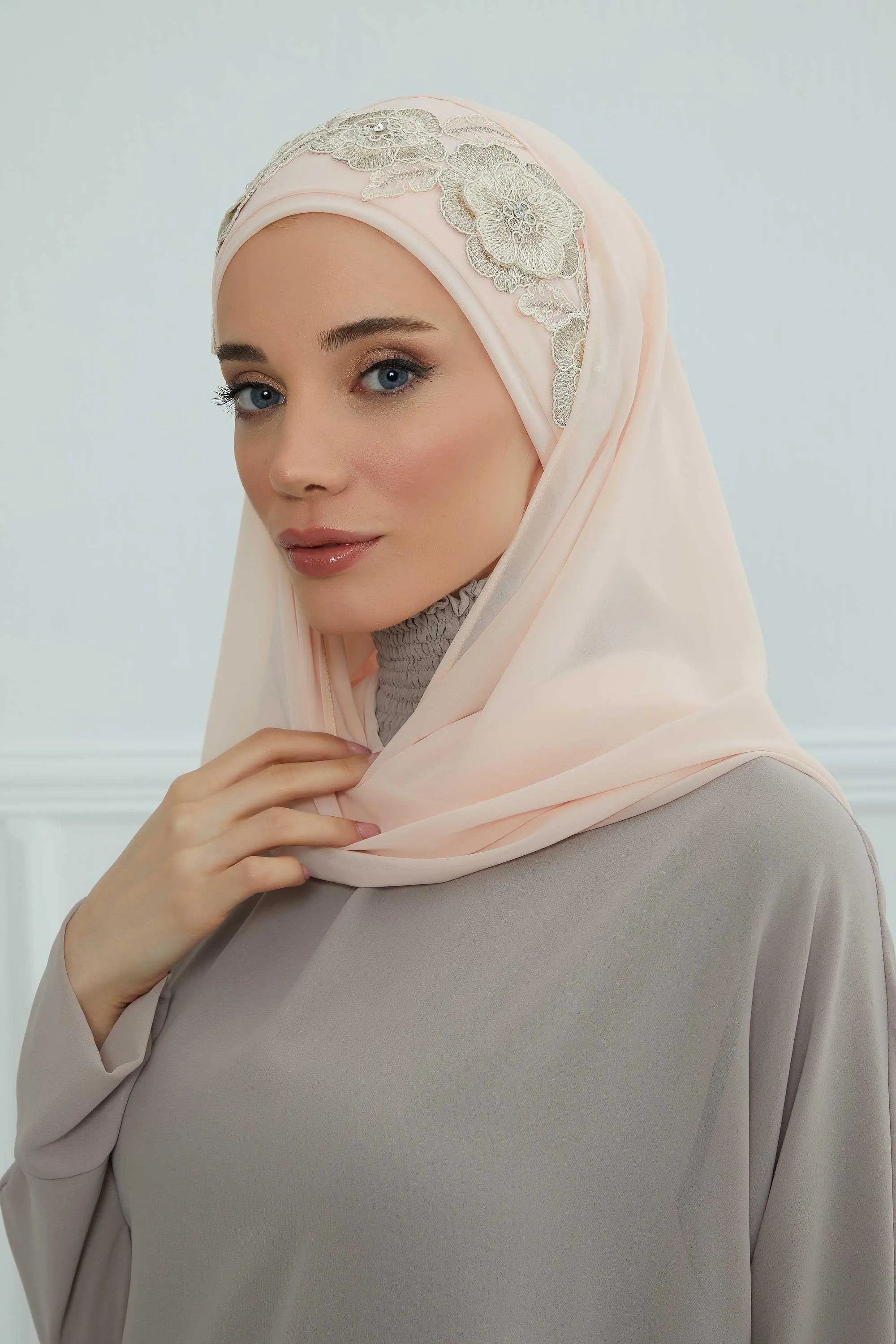 Instant Chiffon Shawl with Elegant Flower Accessories Evening Hijab Ready To Wear Modesty Turban Cap,CPS-101