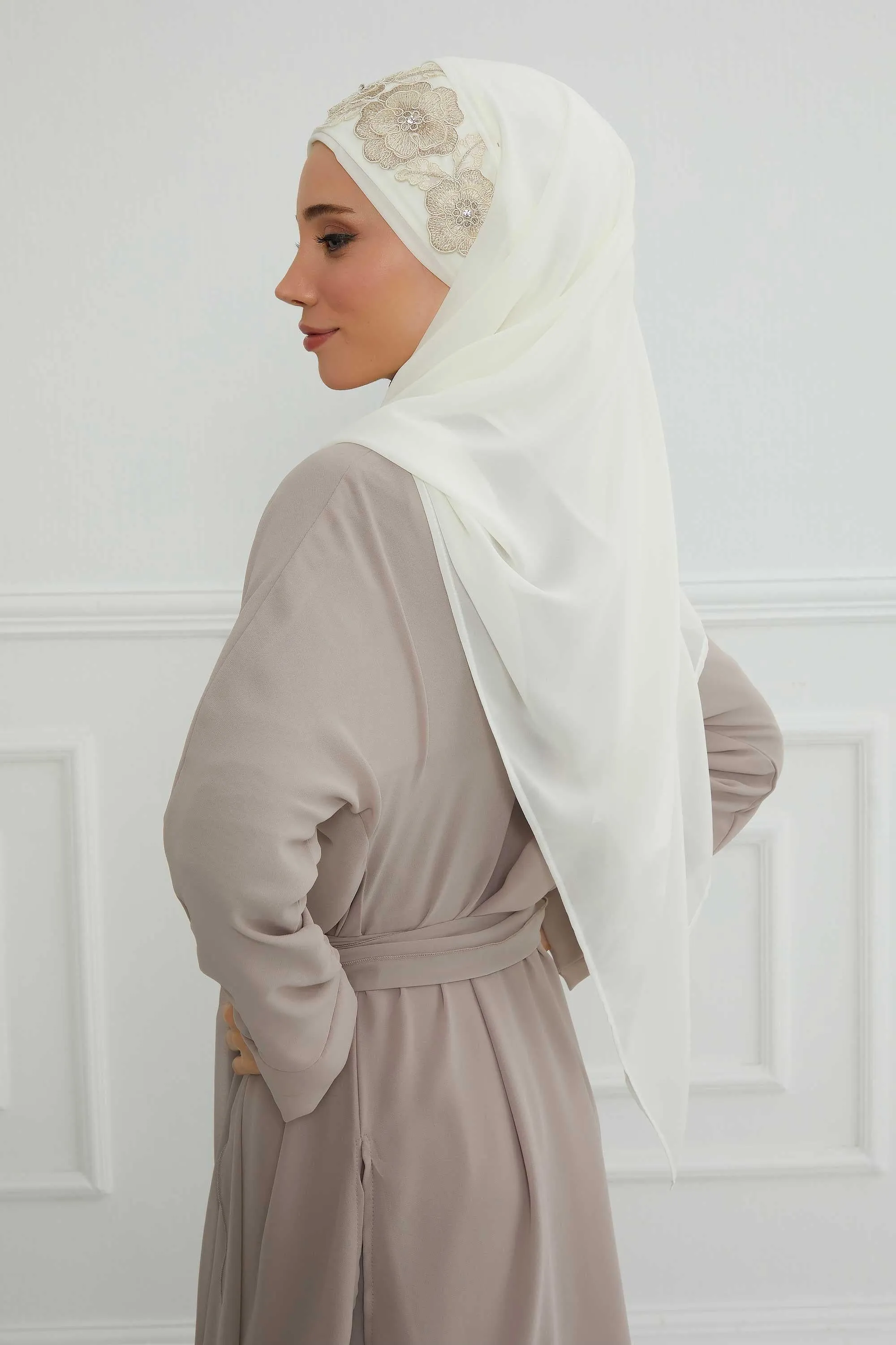 Instant Chiffon Shawl with Elegant Flower Accessories Evening Hijab Ready To Wear Modesty Turban Cap,CPS-101