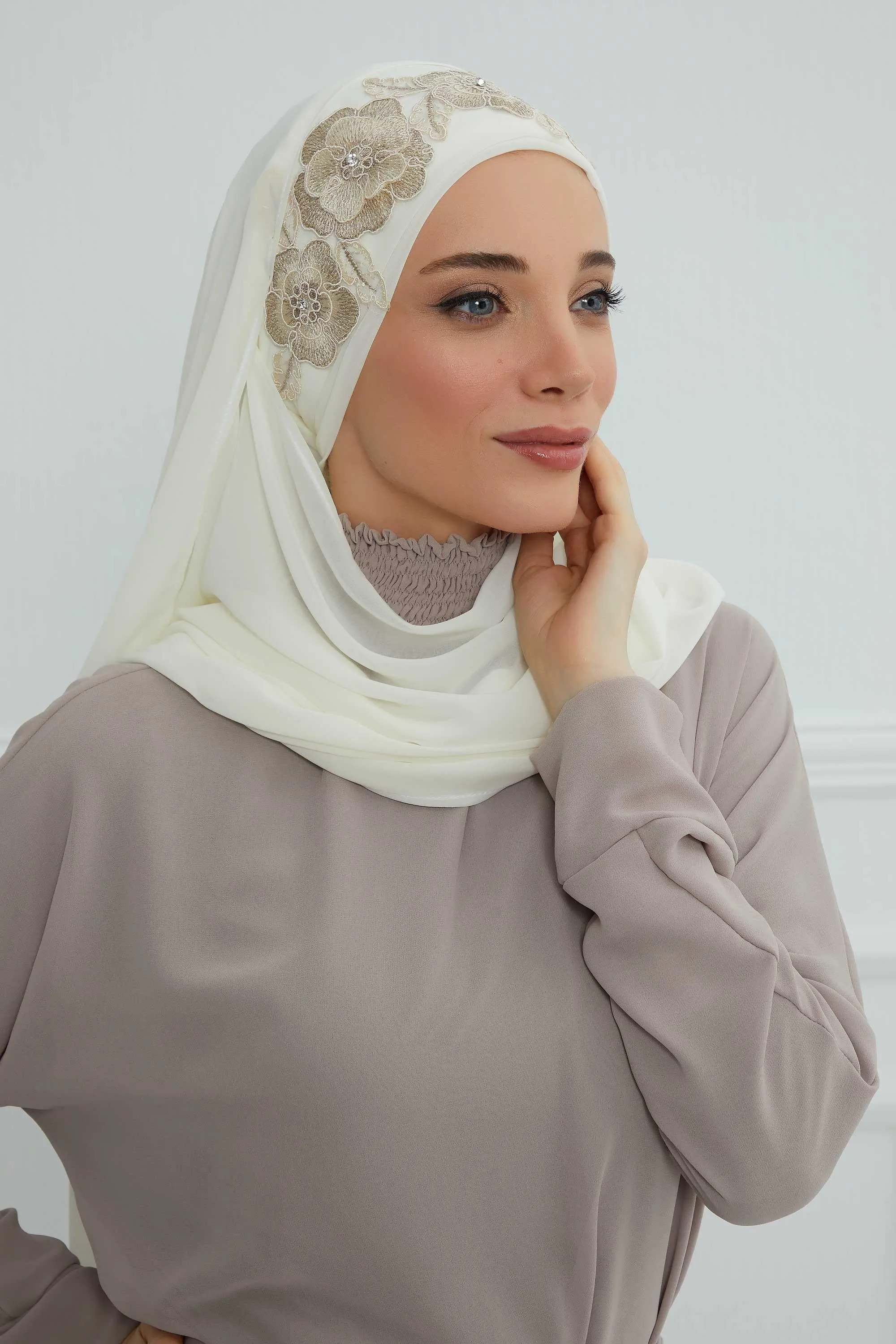 Instant Chiffon Shawl with Elegant Flower Accessories Evening Hijab Ready To Wear Modesty Turban Cap,CPS-101