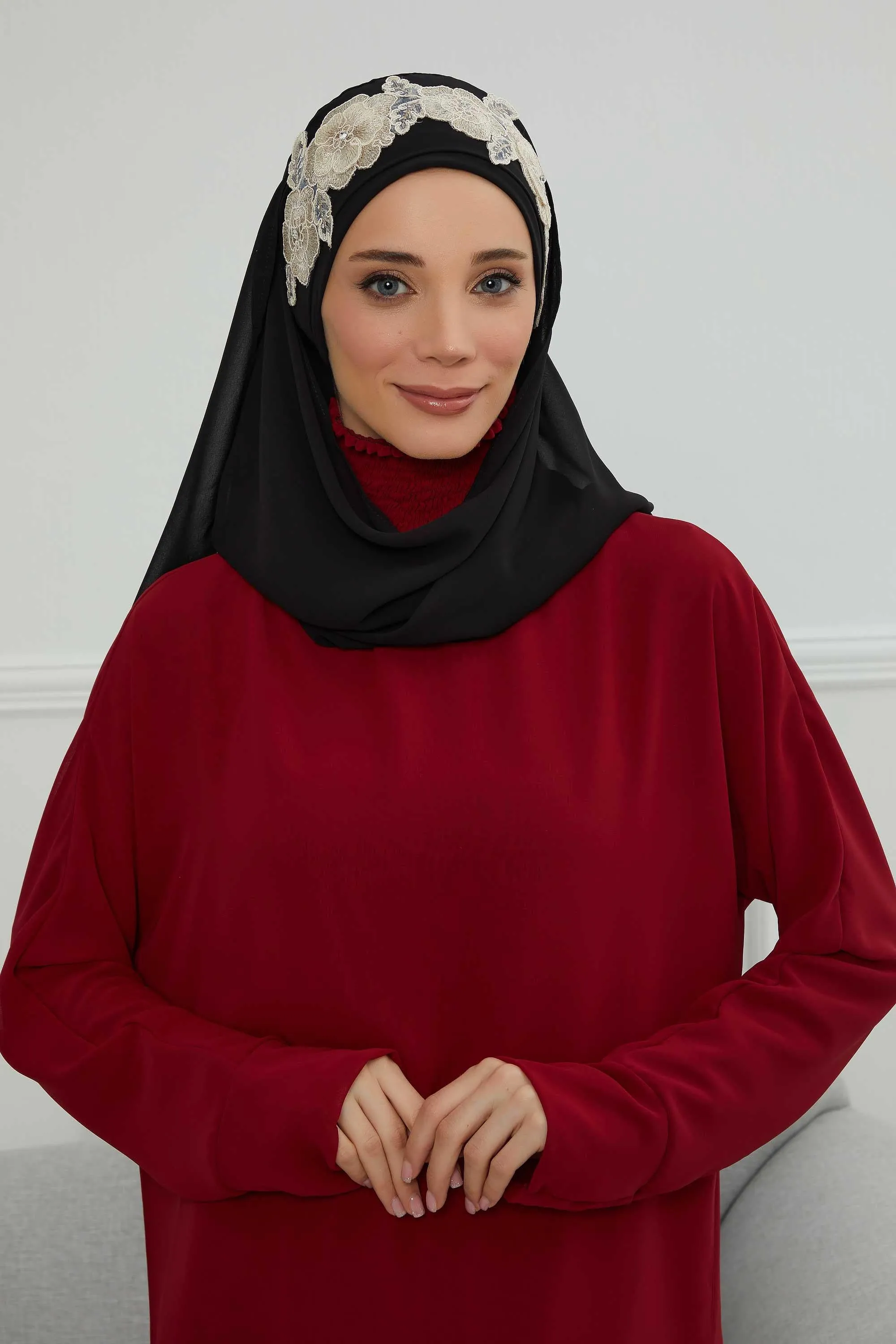 Instant Chiffon Shawl with Elegant Flower Accessories Evening Hijab Ready To Wear Modesty Turban Cap,CPS-101